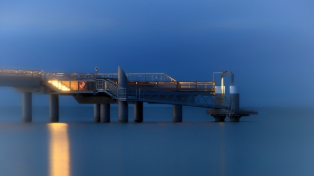 boat dock from a pier on a misty evening - lights, mist, evening, sea, dock, pier