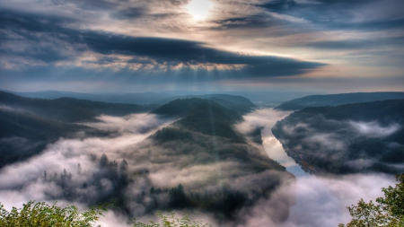 the saar river in germany im morning fog - clouds, river, forests, fog, morning, horseshoe