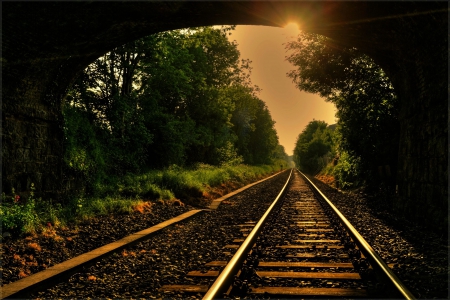 Railroad Track - railway, trees, sunset, sky