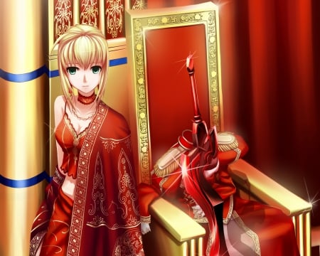 Red Saber - saber, anime, female, warrior, dress, blonde, blond hair, green eyes, long hair, fate extra, robe, blond, weapon, gown, anime girl, hot, girl, sword, fate zero, blonde hair, knight, blade, throne, cute, sexy, fate stay night, excalibur