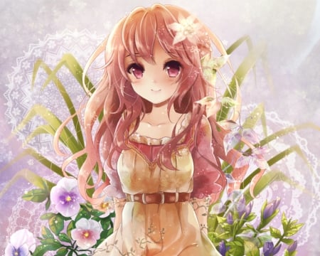 ♡ Adore ♡ - pretty, anime, kawaii, female, maiden, long hair, nice, brown eyes, abstract, anime girl, hot, lovely, brown hair, sweet, flower, cute, adorable, floral, sexy