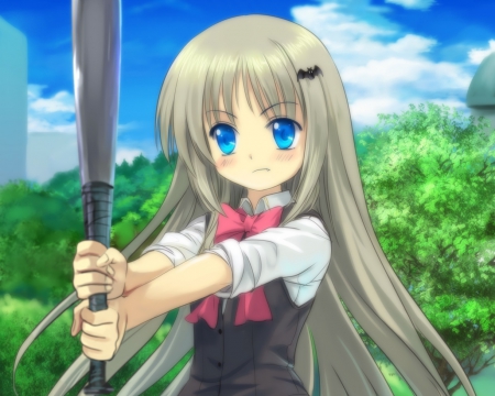 Kudryavka Noumi - anime, kawaii, female, mad, baseball, long hair, uniform, ribbon, weapon, sky, blue eyes, anime girl, little buster, bat, hot, girl, baseball bat, school uniform, angry, Kudryavka Noumi, cloud, cute, sexy