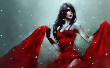 Fantasy girl - woman, tears, girl, winter, black, fantasy, white, art, cry, snow, red, brunette, dress