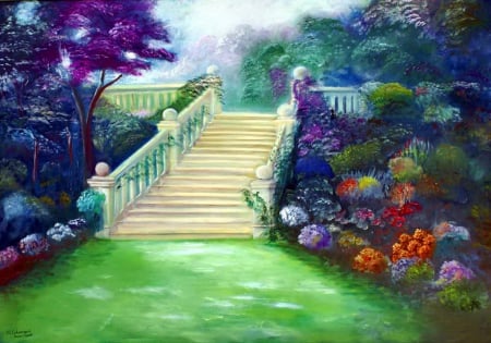 Park stairs - stairs, nice, trees, park, colroful, painting, art, pretty, beautiful, flowers, garden, lvoely, grass