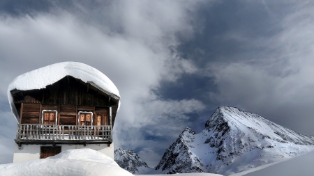 snow covered chalet up high in the mountains - chalet, mountain, snow, clouds