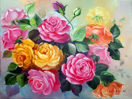 Colorful roses - nice, freshness, roses, delicate, colorful, bouquet, tender, lovely, still life, painting, art, pretty, petals, beautiful, leaves