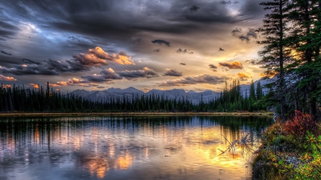 fabulous lake landscape hdr - clouds, sundown, hdr, lake, forest, mountains, reflection