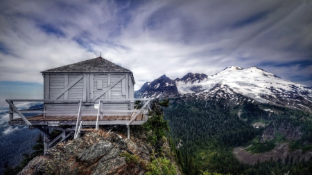 forest fire station perched on mountain top - mountains, peaks, forests, cabin, balcony