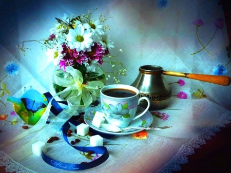 Cofffee - blue, coffee, kettle, still life, flowers, abstarct, cup, wallpaper, other