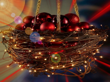 RED BASKET OF CHEER - balls, holidays, christmas lights, red, decorations, light, basket, christmas