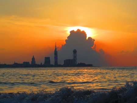 Cityscape Sunset - cloud, dust, sky, water, sea, buildings, sun