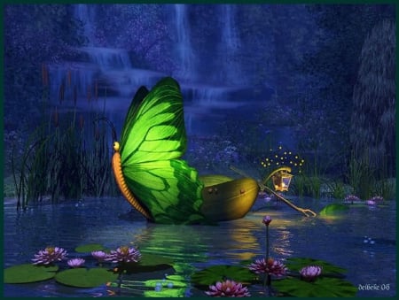 Fairy Boat - water, mystic, butterfly, lamp, waterlily, fairytales