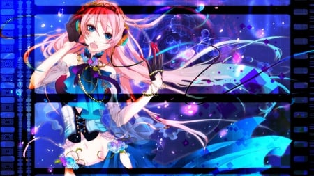 Megurine Luka - hedphone, braclet, blue eyes, pink hair, music, vocaloid, blue, megurine luka, artwork, singing, neacklace, dress