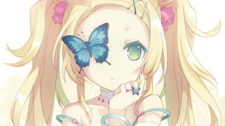 *Whistle* - green eyes, butterfly, animal ears, blonde hair, anime, cute, whistle