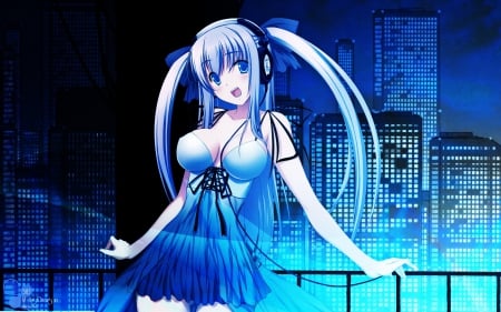 Hastune Miku - hppy, buldings, hastune miku, blue hair, bow, vocaloid, headphones, blue, cityspace, dress