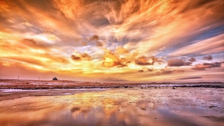 fabulous fiery sky reflected - clouds, house, beach, sea, fiery, reflection, sky