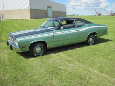 1974 Plymouth Duster - black, Plymouth, tires, photography, Green, stripes