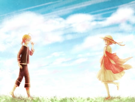 ~Reunion~ - hat, clouds, anime, vocaloid, len and rin kagamine, siblings, dress, paper airplane, sky