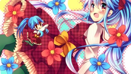 Flower Power All The Way!! - flowers, girls, anime, blue hair, dress, bows, long hair