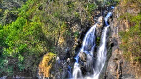 marvelous cascading waterfall in mexico hdr - trees, cliff, cascade, hdr, waterfall, rocks