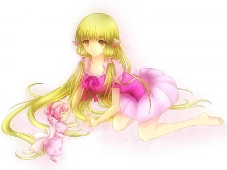 Lovely Chobits - anime, little girl, bows, barefoot, Chobits, long hair, pink, pink dress