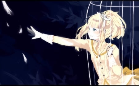 ~Please Release Me~ - cage, tears, girl, feathers, blue eyes, anime, reaching, blonde