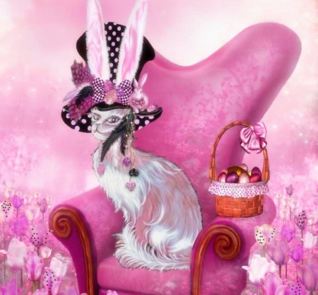 ✫Cat in the Mad Hatter Hat✫ - pretty, eggs, pink, flowers, easter, pink ears tall, paintings, digital art, weird things people wear, beauty, polka dots, colors, love, bunny, chair, basket, cute, jewelry, love four seasons, bow, animals, mad, drawings, kitten, diamonds, hat, rabbit, beautiful, charm, hatter hat, cool, lovely, sweet, cat, tulips, bright, hearts, kitty