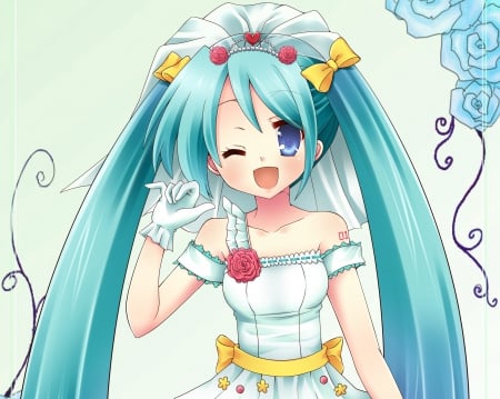 Hatsune Miku - nice, female, hot, bride, anime girl, elegant, gorgeous, mile, pretty, anime, wink, miku, cute, sexy, veil, girl, twintails, blue eyes, long hair, gown, lovely, hatsune, vocaloids, hd, kawaii, vocaloid, sweet, smile, green hair, dress, happy