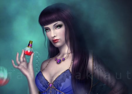 ~Secret Ingredient~ - women, girls, female, hair, fantasy, model, purple, pretty, cool, digital art, jewelry, necklace, mixed media, lovely, charm, weird things people wear, secret, beautiful, ingredient, purfume, sweet, colors, dress