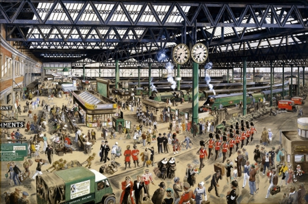 Wartime Railway Station 2 - military, ART, navy, nuns, STATION, clocks, WARTIME, TRAINS, DRAWING, army, PAINTING