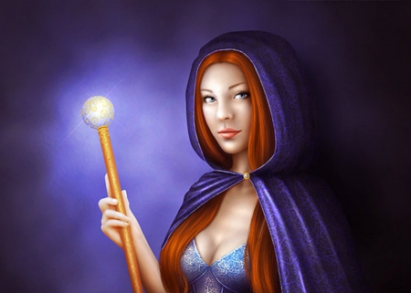 ~Purple Lady Night~ - pretty, female, dress, night, light, drawings, purple, women, beautiful, paintings, charm, digital art, scepter, weird things people wear, colors, lovely, cool, sweet, hair, girls, fantasy, mixed media, redhead, lady, model, cute