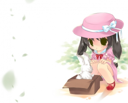 Lil' Bunny - cute, anime girl, adorable, girl, white, ribbon, box, rabbit, hat, adore, bunny, blouse, child, pink, pretty, kawaii, sweet, anime, twintails, dress, kid, children, long hair, petals, nice, cap, lovely, chibi, female