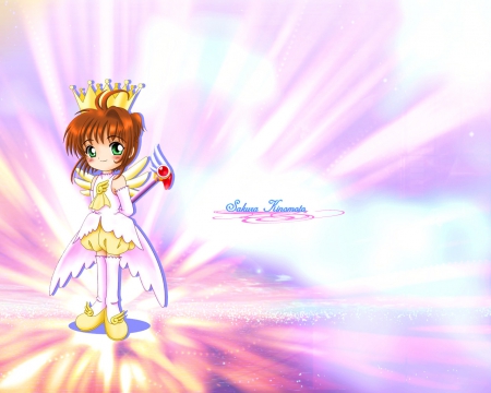 Sakura Kinomoto - angel, wings, anime girl, crown, ccs, card captor sakura, adorable, royalty, sakura, cardcaptor sakura, sweet, dress, kinomoto, nice, female, tiara, wand, or, armor, brown hair, card captor, pretty, anime, cute, short hair, kinomoto sakura, girl, magical girl, chibi, cardcaptor, rod, staff, lovely, sakura kinomoto, kawaii, abstract, wing, weapon