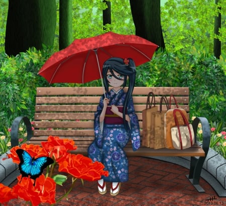 Bench Resting - flower, cute, blossom, hot, anime girl, girl, umbrella, floral, pretty, sweet, anime, yukata, hd, bench, long hair, petals, butterfly, bag, nice, lovely, sexy, kimono, female