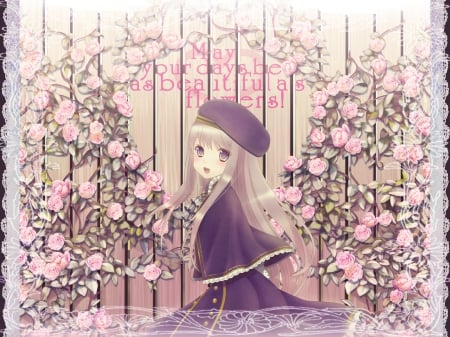 May your Days be as Beautiful as Flowers! - pretty, female, romantic, romance, happy, blond, nice, hot, flower, cute, floral, sexy, anime, elegant, kawaii, dress, blonde, blond hair, long hair, lolita, gorgeous, hd, loli, anime girl, girl, blonde hair, lovely, cap, sweet, messages, texts, rose, words