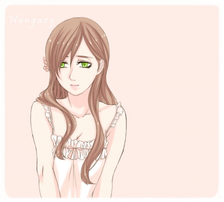 Hungary - pretty, anime, elegant, female, dress, green eyes, pink, long hair, sad, gorgeous, plain, hetalia, nice, hungary, anime girl, beautiful, hot, girl, simple, sundress, beauty, lovely, brown hair, sweet, axis powerd, cute, hetalia axis powers, sexy