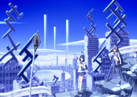 Strange place - clouds, strange city, anime, female, blue sky, girl, city, two girls, manga