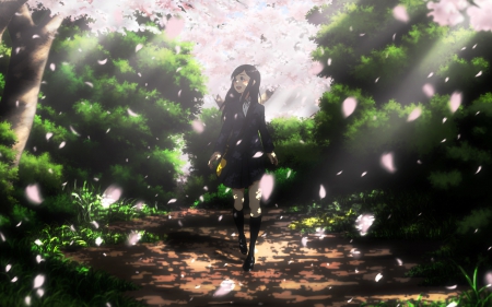 Walking - anime, female, girl, leaves, uniform, flowers, school uniform, manga, nature, petal