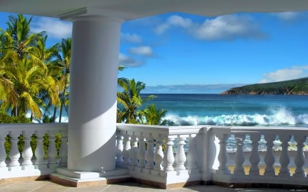 Sea view - pretty, summer, blue, island, terrace, view, exotic, palm trees, nice, clouds, palms, water, beautiful, vacation, sea, lovely, ocean, rest, wind, nature, waves