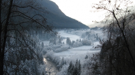 wonderful river valley on a dreary winter day - fields, valley, forest, river, winter, mountains