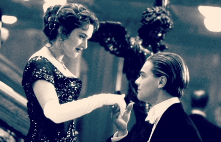 Titanic (1997) - woman, beauty, movie, angel, wings, kate winslet, elegant, black, white, man, titanic, love, actress, statue, couple, girl, gloves, blue, leonardo dicaprio, actor, dress