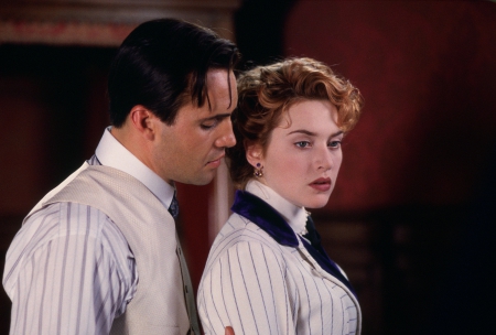 Titanic (1997) - actor, girl, titanic, love, billy zane, man, kate winslet, actress, black, white, redhead, woman, movie, rose, couple, caledon