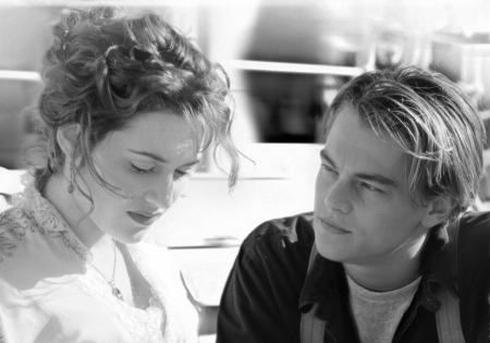 Titanic (1997) - actor, girl, titanic, love, man, kate winslet, actress, black, white, woman, movie, leonardo dicaprio, couple, monochrome