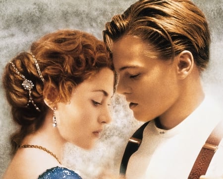 Titanic (1997) - actor, blue, girl, beauty, titanic, love, man, kate winslet, actress, white, redhead, woman, movie, leonardo dicaprio, couple