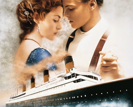 Titanic (1997) - actor, blue, ship, girl, titanic, love, man, kate winslet, actress, white, woman, movie, leonardo dicaprio, couple