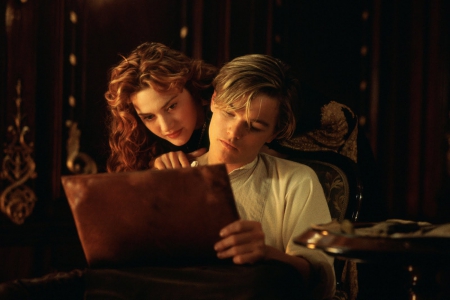 Titanic (1997) - actor, girl, titanic, love, man, dark, kate winslet, actress, black, white, redhead, woman, movie, leonardo dicaprio, couple