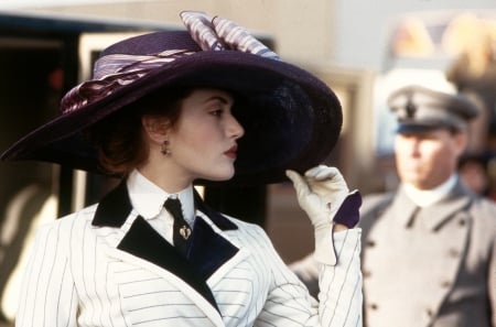 Titanic (1997) - hat, blue, girl, beauty, titanic, kate winslet, actress, black, white, lady, purple, woman, movie, bow