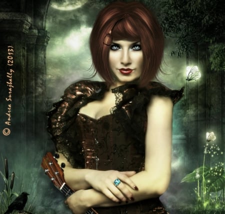 ~Haunting Melody~ - love four seasons, women, photomanipulation, charm, guitar, model, beautiful, girl, grass, eyes, plants, fantasy, lips, melody, animals, pretty, cool, raven, haunting, weird things people wear, dark, digital art, dress, skull, premade bg, butterflies, crow, lovely, female, hair, trees, colors