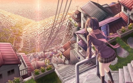 Hey there!!! - stairs, skirt, houses, socks, scarf, buildings, wind, unifrom, brown hair, grss, village, town, anime