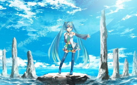 ~Miku~ - ocean, skirt, sky, blue hairblue eyes, hastune miku, long hair, water, blue sky, rocks, clouds, vocaloid, blue, singing, miku, cute